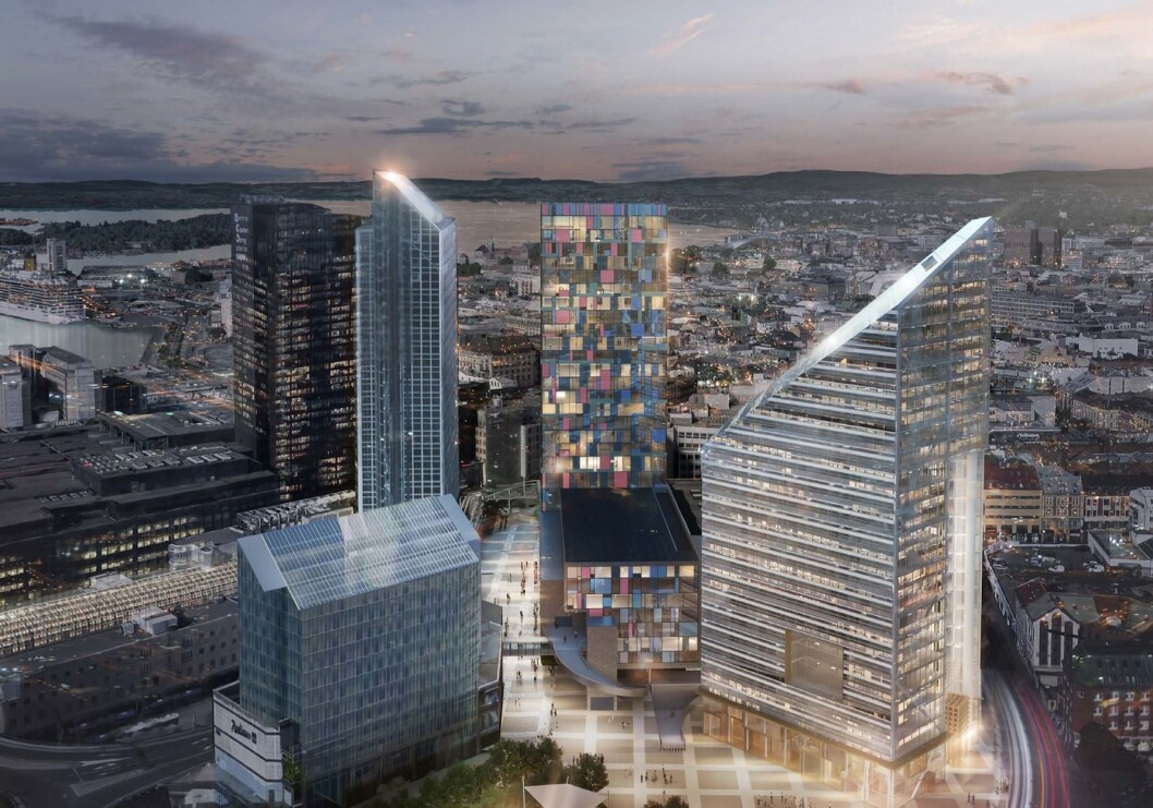MÅ BIDRA POSITIVT: PBE mener at høyhusene i området må komplementere hverandre og bidra til en positiv opplevelse. Til høyre det foreslåtte bygget «Oslo Solar» i regi av Entra. Ill: LPO arkitekter. MÅ BIDRA POSITIVT: PBE mener at høyhusene i området må komplementere hverandre og bidra til en positiv opplevelse. Til høyre det foreslåtte bygget «Oslo Solar» i regi av Entra. Ill: LPO arkitekter.
