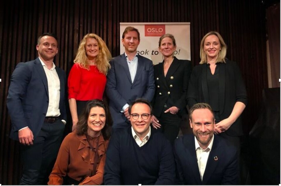 OMA-STYRET: Egil Andre Mortensen (NREP), Vibeke Ahlsand (OSU), Mathis Grimstad (Stor-Oslo Eiendom), Anne Helene Mortensen (DNB Næringsmegling), Gunn Helen Hagen (Norges Varemesse), Sonja Horn (Entra), Herman Dyrø (Mustad Eiendom) og Geir Graff Kallevåg (OBOS Eiendom). Foto: Oslo Metropolitan Area OMA-STYRET: Egil Andre Mortensen (NREP), Vibeke Ahlsand (OSU), Mathis Grimstad (Stor-Oslo Eiendom), Anne Helene Mortensen (DNB Næringsmegling), Gunn Helen Hagen (Norges Varemesse), Sonja Horn (Entra), Herman Dyrø (Mustad Eiendom) og Geir Graff Kallevåg (OBOS Eiendom). Foto: Oslo Metropolitan Area