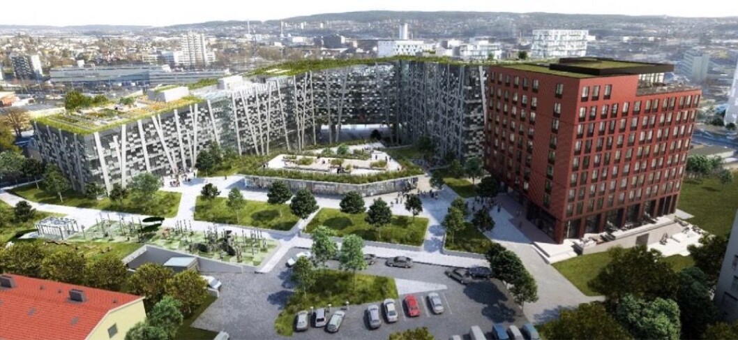 EGENIDENTITET: Hotellets platekledning foreslås med en rødlig tone, som vil bidra til at bygningen fremstår med en sterk egenidentitet. Ill: Dark Arkitekter EGENIDENTITET: Hotellets platekledning foreslås med en rødlig tone, som vil bidra til at bygningen fremstår med en sterk egenidentitet. Ill: Dark Arkitekter