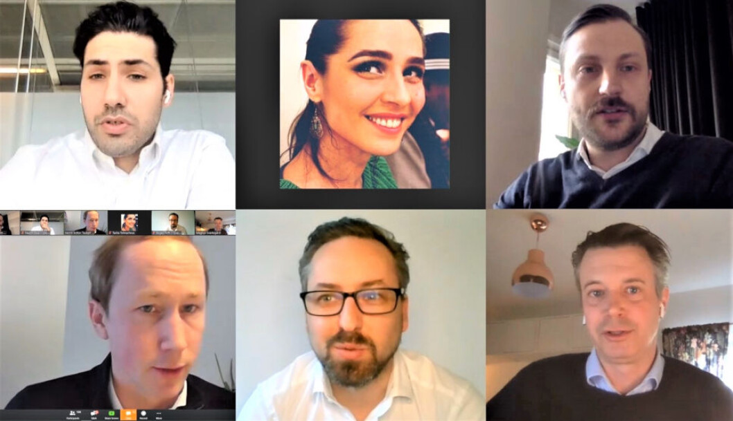 ONLINE: Øverst fra venstre Nadim Stub fra Proptech Denmark, Tasha Tolmacheva og Mikael Långstrøm fra Proptech Finland og eiendomsorganisasjonen Rakli; nederst fra venstre Henrik Taubøll fra Proptech Norway og advokatfirmaet Wiersholm, Roger Tofft fra Proptech Sweden og Magnus Svantegård fra Stronghold Invest. ONLINE: Øverst fra venstre Nadim Stub fra Proptech Denmark, Tasha Tolmacheva og Mikael Långstrøm fra Proptech Finland og eiendomsorganisasjonen Rakli; nederst fra venstre Henrik Taubøll fra Proptech Norway og advokatfirmaet Wiersholm, Roger Tofft fra Proptech Sweden og Magnus Svantegård fra Stronghold Invest.