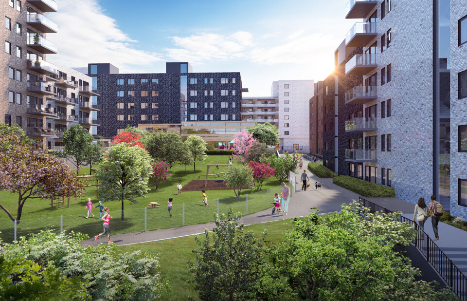 630 BOLIGER: I Karihaugveien 22 ønsker JM Norge ønsker å oppføre 630 boliger samt lokaler for barnehage, bevertning dagligvare og tjenesteyting. Ill: Arcasa Arkitekter