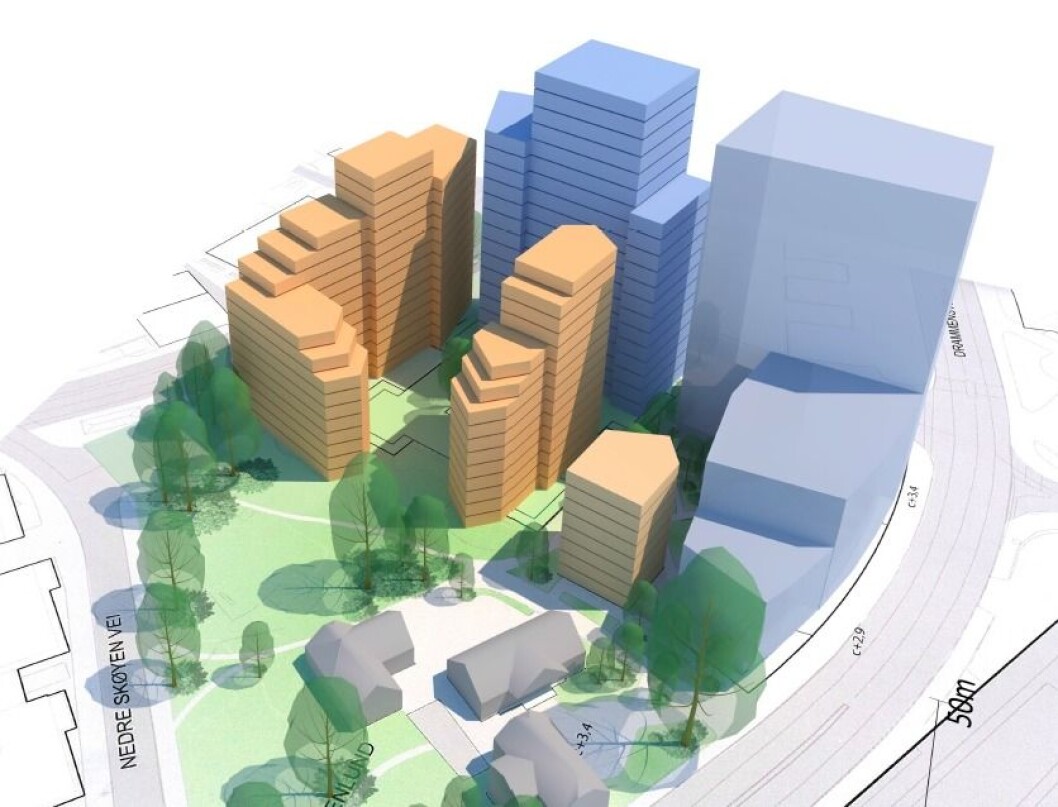 Boligbebyggelsen ønskes trappet ned fra 16 til 8 etasjer. (Illustrasjon: Arcasa Arkitekter) Boligbebyggelsen ønskes trappet ned fra 16 til 8 etasjer. (Illustrasjon: Arcasa Arkitekter)
