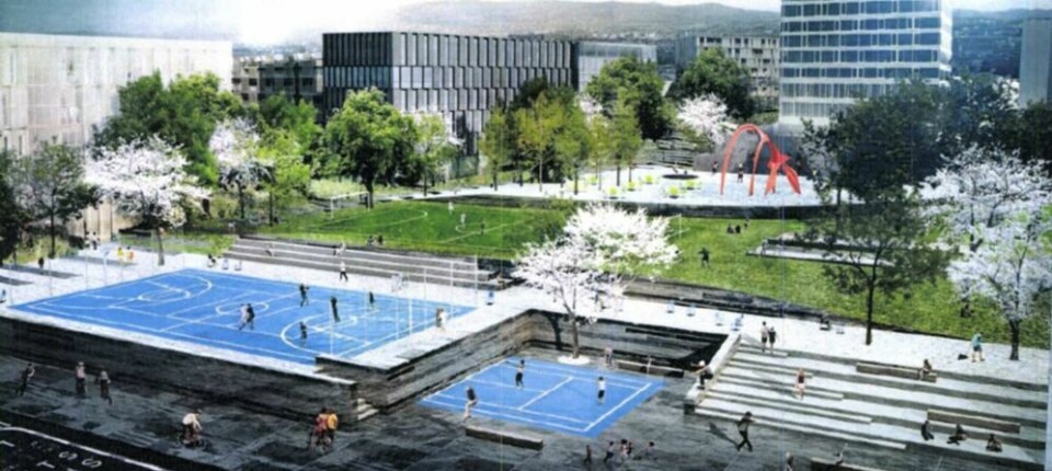 Det blir aktivitetspark og flerbrukshall i Lørenveien 64. Her fra et tidlig forslag fra Arcasa til aktivitetspark.
