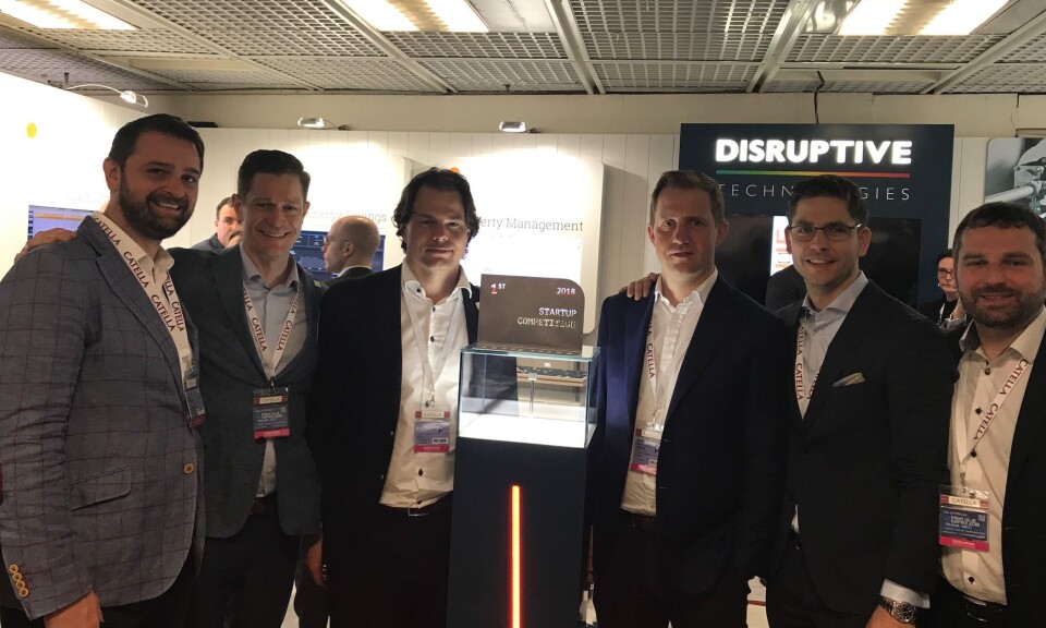 Disruptive Technologies viser seg frem i Cannes. Fra venstre: Alex Storey, Ole Petter Novsett, Erik Fossum Færevaag, Odd Jonny Winge, Marian Kost, Matthias Sicard