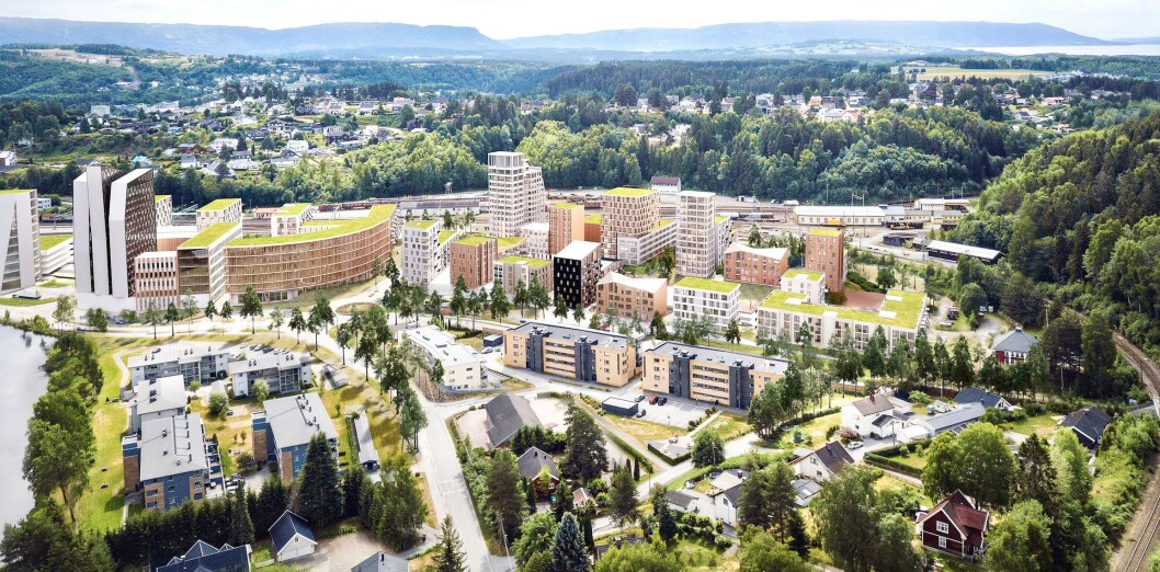 VESTRE TORG: Dette blir den nye bydelen i Hønefoss, rett ved den fremtidige intercitystasjonen. Ill.: Heras VESTRE TORG: Dette blir den nye bydelen i Hønefoss, rett ved den fremtidige intercitystasjonen. Ill.: Heras