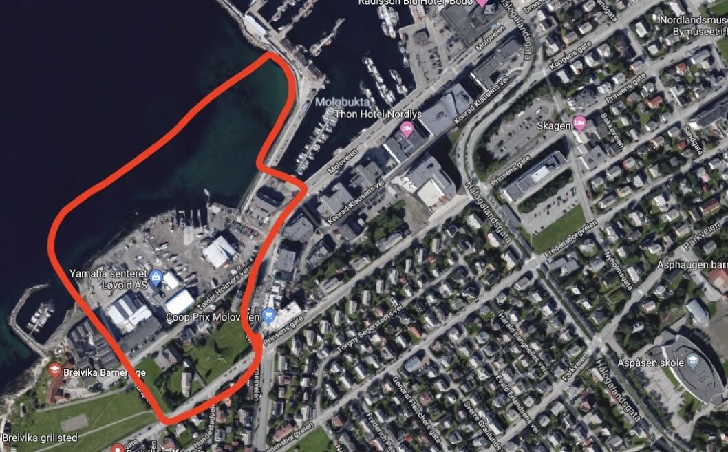 UTVIKLING: Bodø står foran mye utvikling i tiden som kommer, inkludert et område i Breivika som er markert med rødt på bildet. Foto: Google maps UTVIKLING: Bodø står foran mye utvikling i tiden som kommer, inkludert et område i Breivika som er markert med rødt på bildet. Foto: Google maps