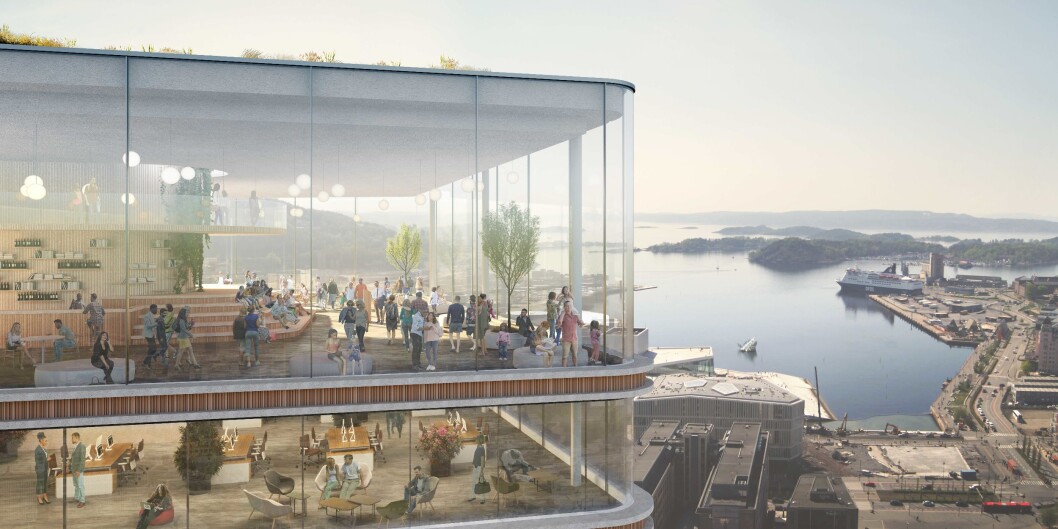 HØYT: Slik kan utsikten fra toppetasjen bli. Illustrasjon: Kristin Jarmund/C.F Møller/Rodeo arkitekter HØYT: Slik kan utsikten fra toppetasjen bli. Illustrasjon: Kristin Jarmund/C.F Møller/Rodeo arkitekter