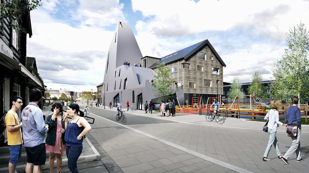 HØYT: Slik blir innovasjonssenteret, med utvendig klatrevegg, på Oppdal. Ill.: PIR II HØYT: Slik blir innovasjonssenteret, med utvendig klatrevegg, på Oppdal. Ill.: PIR II