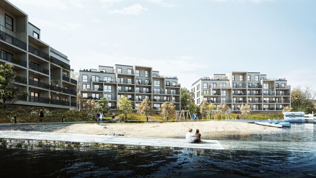 ELVELANGS: De tre boligblokkene i Bugten Brygge skal ligge nede ved elvebredden. Ill.: Mad arkitekter ELVELANGS: De tre boligblokkene i Bugten Brygge skal ligge nede ved elvebredden. Ill.: Mad arkitekter