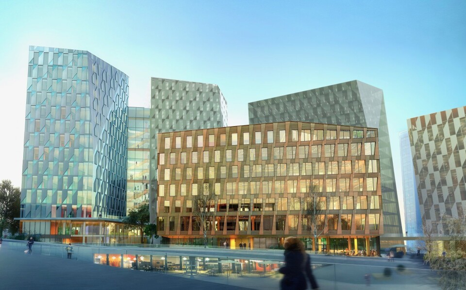 MATERIALUENIGHET: Valle Wood blir et ensomt trebygg i en betongjungel. Hvilket materiale som er minst miljøvennlig hersker det imidlertid tvil om. Ill.: Lund+Slaatto Arkitekter