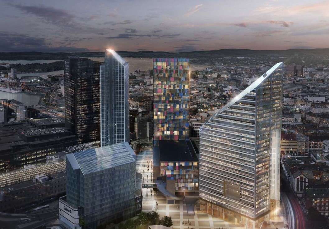 HØYHUS: Det foreslåtte høyhuset vil ha tilnærmet lik høyde som Oslo Plaza og Posthuset. Ill: LPO arkitekter. (Til høyre det foreslåtte bygget «Oslo Solar» i regi av Entra) HØYHUS: Det foreslåtte høyhuset vil ha tilnærmet lik høyde som Oslo Plaza og Posthuset. Ill: LPO arkitekter. (Til høyre det foreslåtte bygget «Oslo Solar» i regi av Entra)