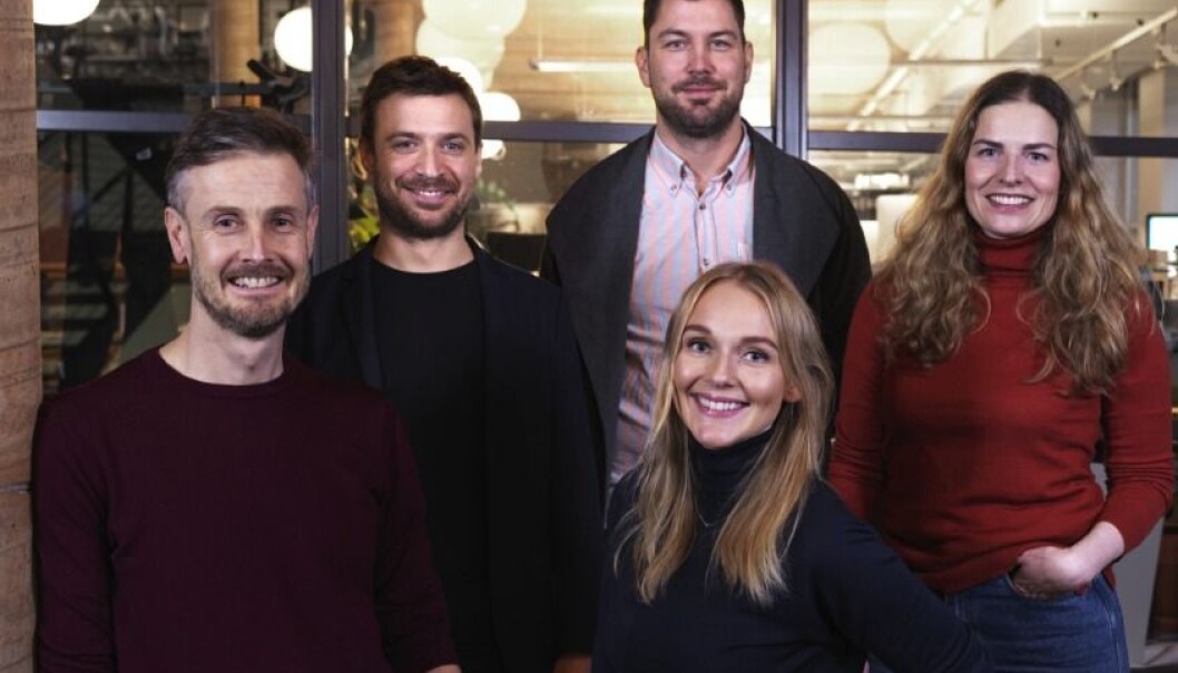 NYE PARTNERE I A-LAB: Fra venstre: James Watkins, Frédéric Bachmann, Pål Erik Olsen, Tina Torgrimsby og Line Janicke Musæus. NYE PARTNERE I A-LAB: Fra venstre: James Watkins, Frédéric Bachmann, Pål Erik Olsen, Tina Torgrimsby og Line Janicke Musæus.