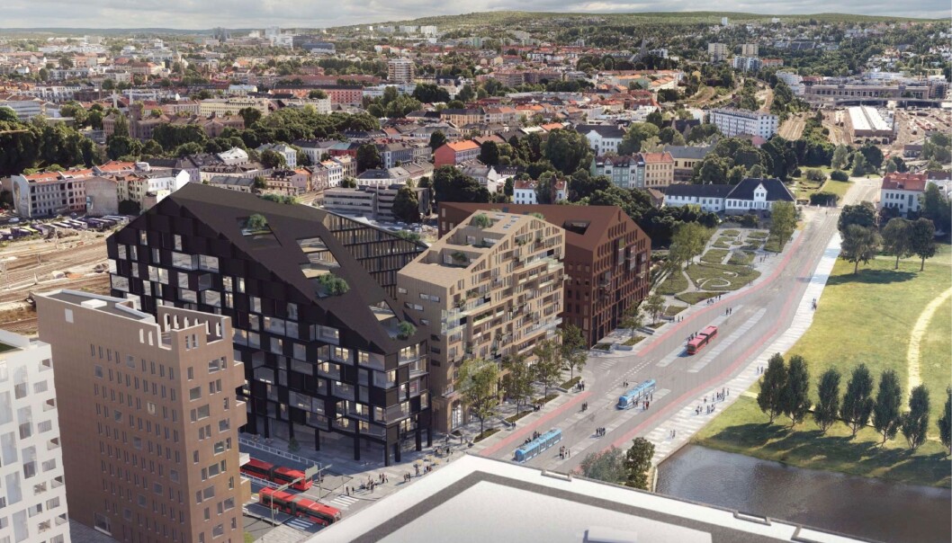 TRE BYGG: Planforslaget omfatter tre hovedbygninger med skrå takflater og en forlengelse av Trelastgata. TRE BYGG: Planforslaget omfatter tre hovedbygninger med skrå takflater og en forlengelse av Trelastgata.