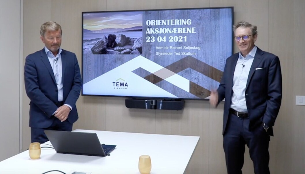 STERK VEKST: Adm direktør Reinert Seljeskog (tv) og styreleder Ted Skattum i Tema Eiendom har bygd opp et eiendomsselskap på Innlandet med en verdijustert egenkapital på 2,4 milliarder kroner. STERK VEKST: Adm direktør Reinert Seljeskog (tv) og styreleder Ted Skattum i Tema Eiendom har bygd opp et eiendomsselskap på Innlandet med en verdijustert egenkapital på 2,4 milliarder kroner.