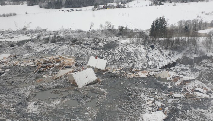 Dette er resultatet av at kvikkleire plutselig blir ei tyntflytende suppe. Foto: Jaran Wasrud/NVE Dette er resultatet av at kvikkleire plutselig blir ei tyntflytende suppe. Foto: Jaran Wasrud/NVE