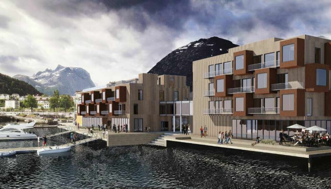 SJØNÆRT: Det nye fjordhotellet skal ligge helt ute på kaikanten. Denne skissen viser ett av flere forslag fra en arkitektkonkurranse.