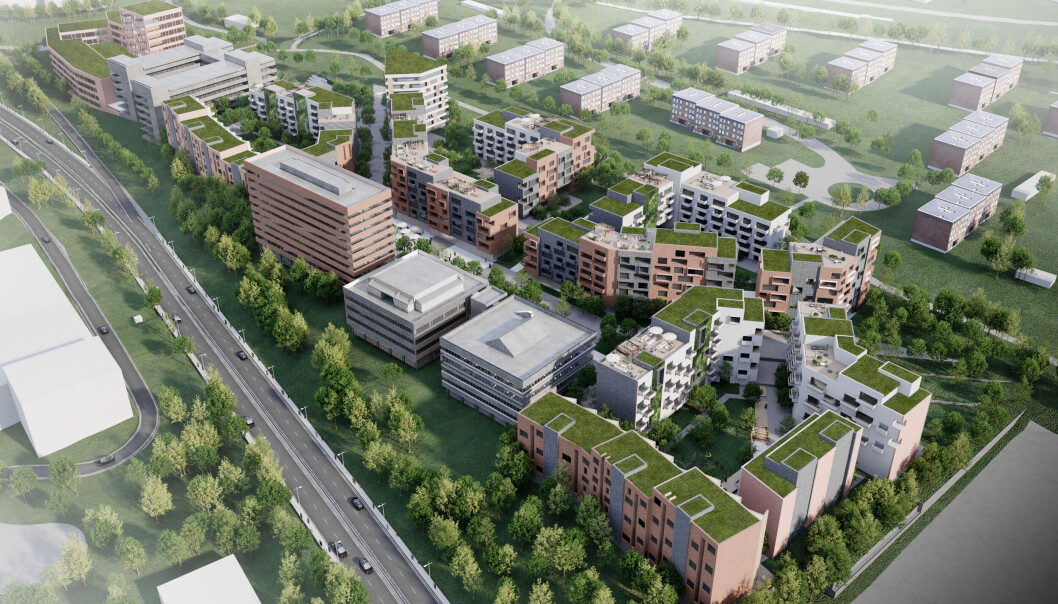 KONVERTERES: De to grå byggene i front pluss den ikoniske høyblokka til venstre skal alle bli viktige deler av Linderudløkka. Ill.: Stor-Oslo Eiendom KONVERTERES: De to grå byggene i front pluss den ikoniske høyblokka til venstre skal alle bli viktige deler av Linderudløkka. Ill.: Stor-Oslo Eiendom
