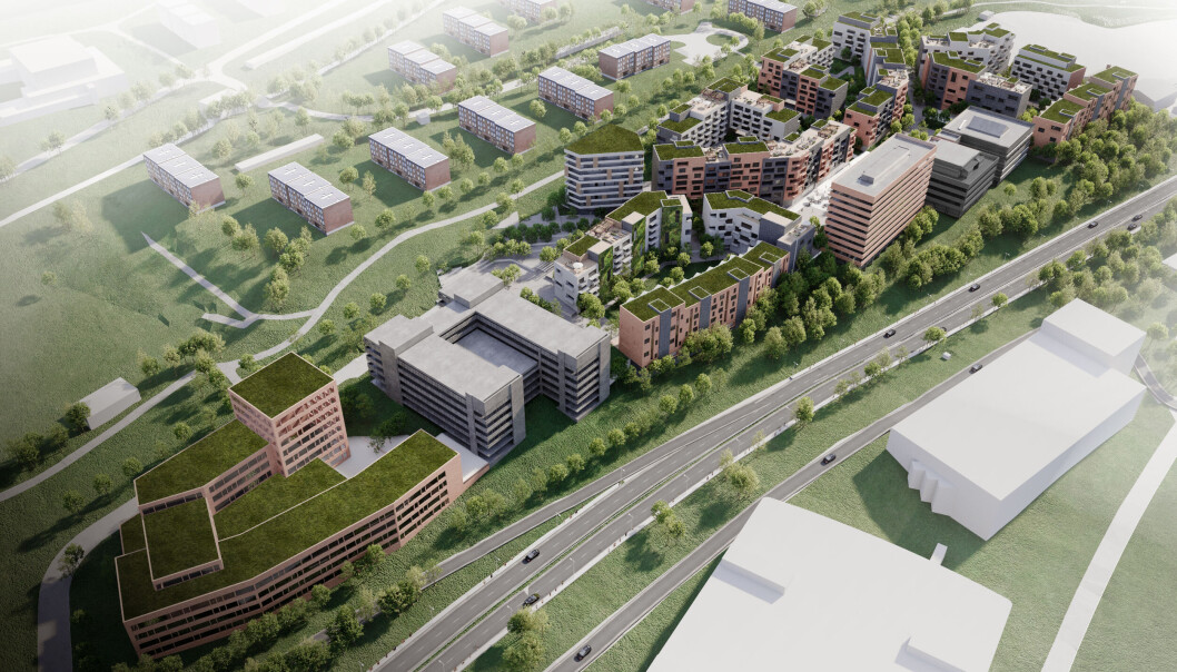 STORT: Linderudløkka strekker seg langsetter Østre Aker vei. Næringsbyggene i front skal danne en støyskjerm for boligene bak. Ill. 3D Estate. STORT: Linderudløkka strekker seg langsetter Østre Aker vei. Næringsbyggene i front skal danne en støyskjerm for boligene bak. Ill. 3D Estate.