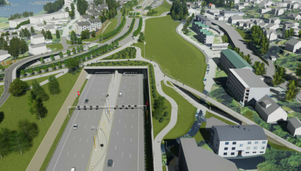 FÅR KJEFT: Statens vegvesen tar frem sparekniven i E18-utbyggingen, og ønsker å korte inn denne tunnelåpningen ved Lysaker. Nå hagler det med protester fra hjemmelshavere som berøres. Ill.: Statens vegvesen.