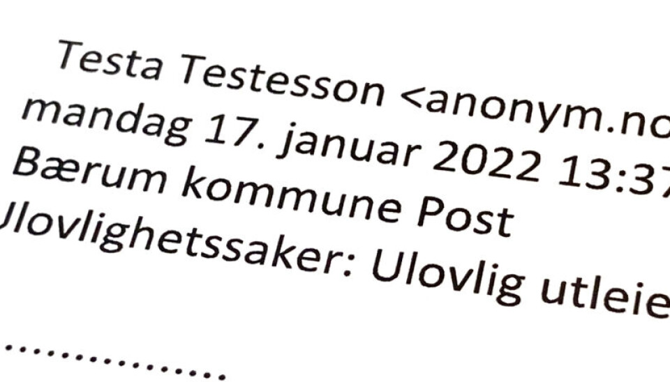 VARSLER: Pseudonymet Testa Testesson leter opp ulovlige utleieforhold og rapporterer dette til Plan- og bygningsetaten i Bærum. VARSLER: Pseudonymet Testa Testesson leter opp ulovlige utleieforhold og rapporterer dette til Plan- og bygningsetaten i Bærum.