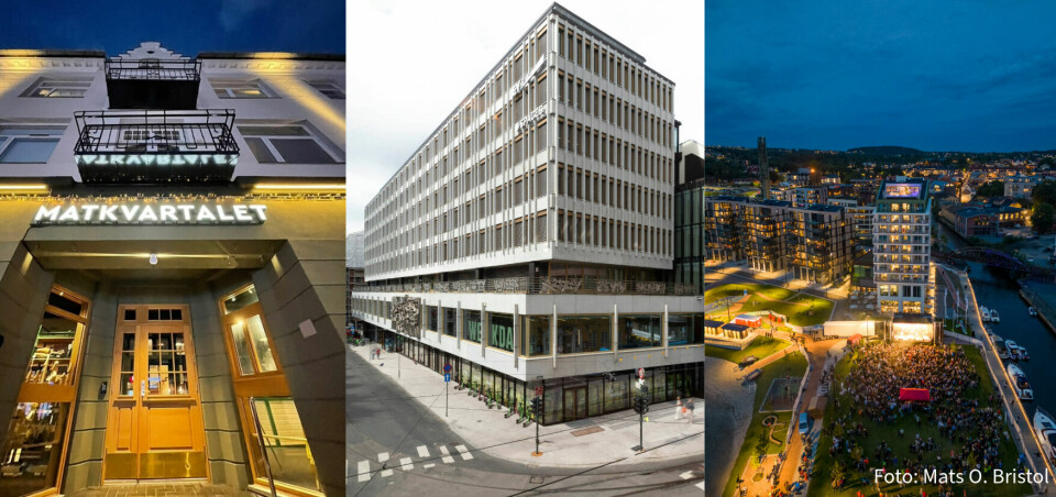 KAN VINNE PRIS: Victoriakvartalet og Matkvartalet i Hamar (utviklet av Vold Eiendommer), Verket i Moss (utviklet av Höegh Eiendom) og Stortorvet 7 i Oslo (utviklet av Schage Eiendom) er nominert til Cityprisen 2024.