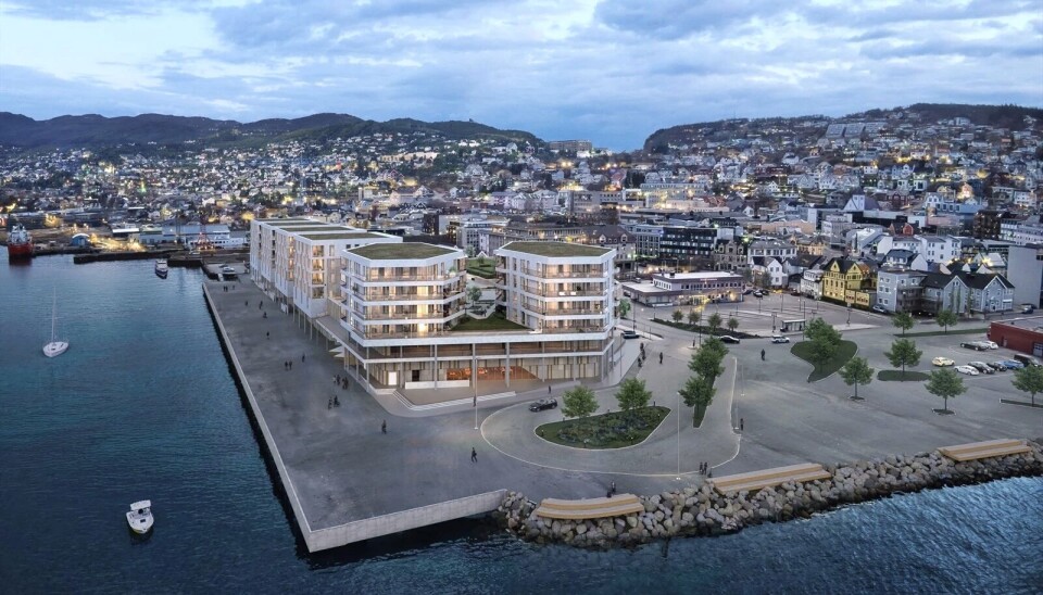 FORTSETTER: Snart kommer det enda ei blokk på kaia i Harstad. Larsneset Byhagen Harstad. Ill.: Link Arkitektur.