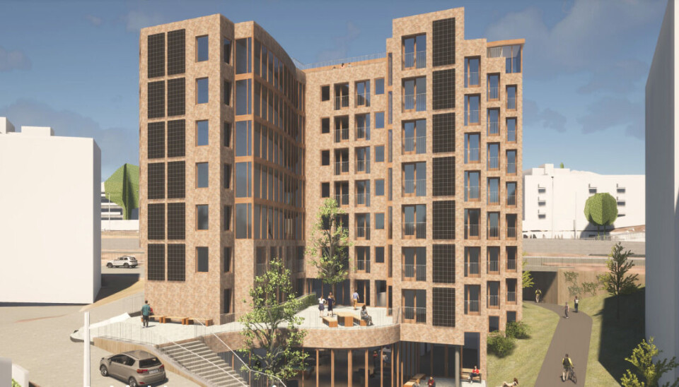 HØYT: Denne skissen fra 2023 viser hvordan utviklerne har tenkt seg hybelprosjektet. Studentboliger Gunnar Schjelderups vei.  Skisse: A38 Arkitekter