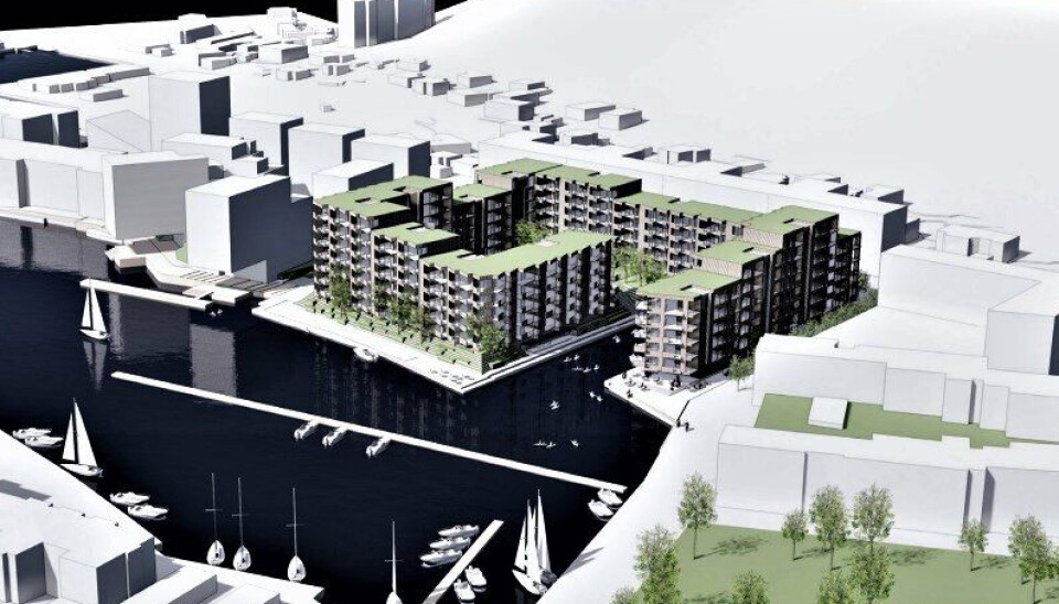 BOLIGER: Utviklerne har i flere år snakket om å bygge ut denne tomta, og presenterte dette mulighetsstudiet for et par år siden. Dagens forslag er mindre.. MULIGHETSSTUDIE: Inter Eiendoms planer for den gamle Maxbotomten i Kilen viser bebyggelse på fem-åtte etasjer rundt et atrium, og med en kanal mot veKilgata 17-19. Ill.: KHR Architecture