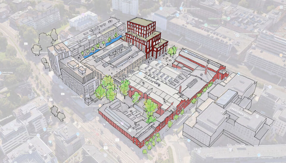 UTVIKLING: Konseptskissen viser en mulighet for nybygg mot jernbanen, og videreutvikling av bygulvet. Drammensveien 130. Thune. Skøyen. Skisse: A-lab