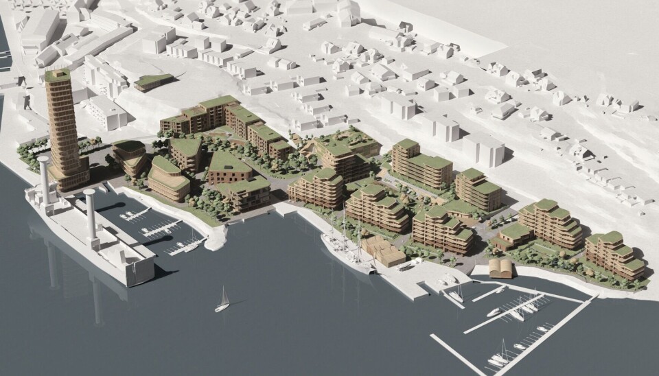STORT: Sånn ser utviklerne for seg det kommende prosjektet, men tårnet møter motbør. Framnæs Syd i Sandefjord. Skisse: Link Arkitekter